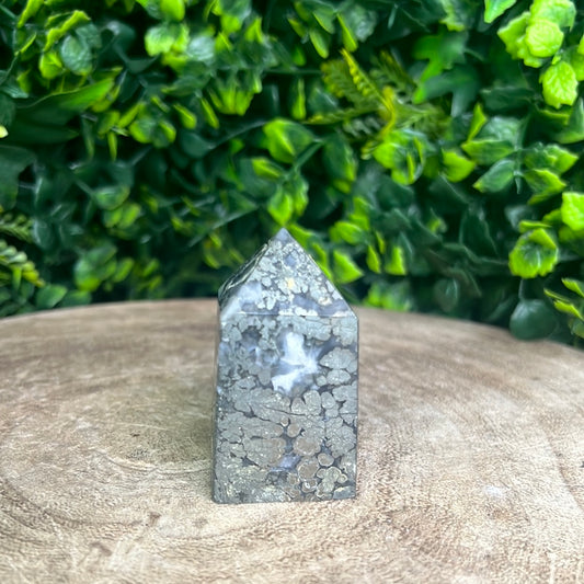 Pyrite in Moss Agate Tower